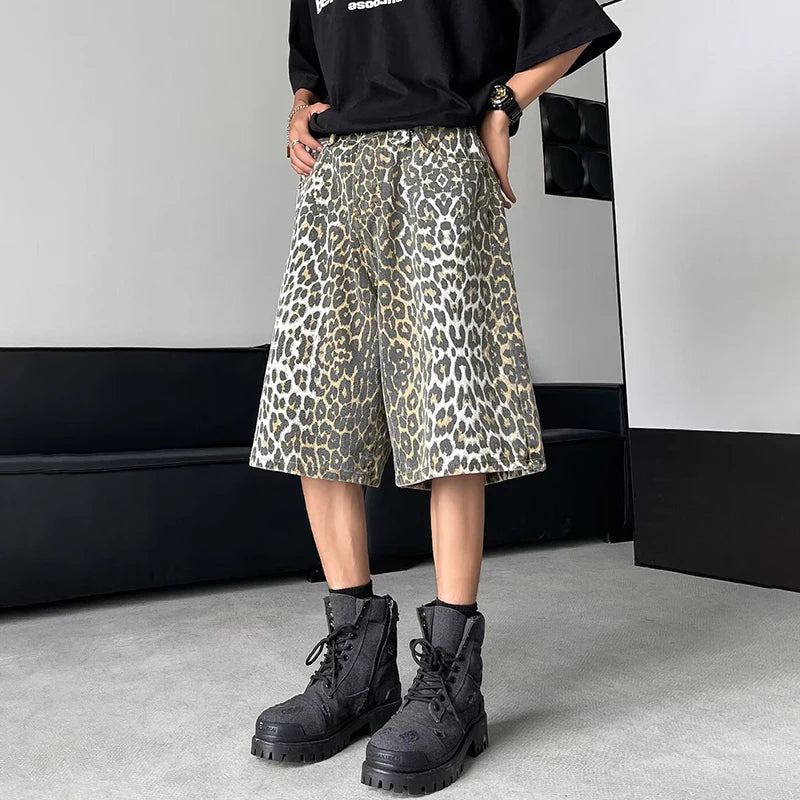 Voguable  Leopard Print Design Personality Trendy Seven-point Pants 2024 Korean Original New Men Fashion Street Men's Shorts voguable