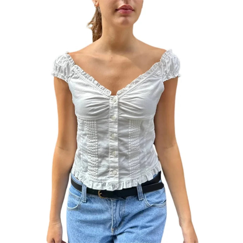 y2k Tank Top Women Summer Clothes Solid Color Cap Sleeve Button Down Slim Fit Frill T Shirt 2000s Vest Streetwear voguable