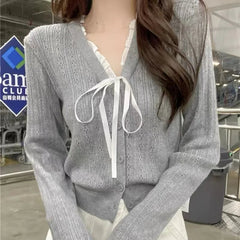 Women's Pointelle Knit Cardigan with Bow Long Sleeve Button Front Sweater Openwork Cardi Teen-girl Fairycore Balletcore Outfit voguable