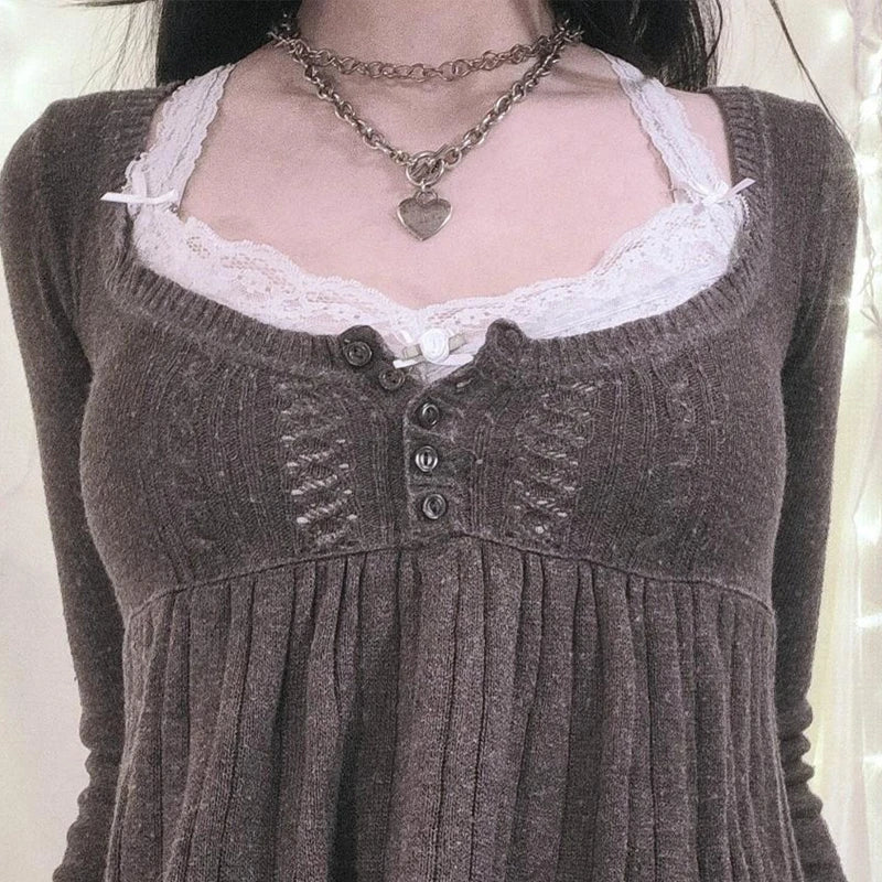 Vintage Babydoll Tops Pullovers Lady Aesthetic Coquette Knit Sweaters Outfit Autumn Square Neck Long Sleeve Knitwear Jumpers Y2k voguable