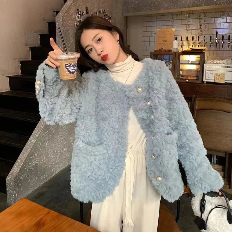 Women Sweet Cute Faux Lamb Coat Winter Warm Thick Slim Long Sleeve Vintage Jacket Korean O Neck Elegant Pearls Buttons Tops New voguable