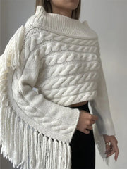 Thicken White Tassel Off Shoulder Sweater Women Elegant Slash Neck Long Sleeve Short Wool Pullover  Winter Lady Knit Jumpers voguable