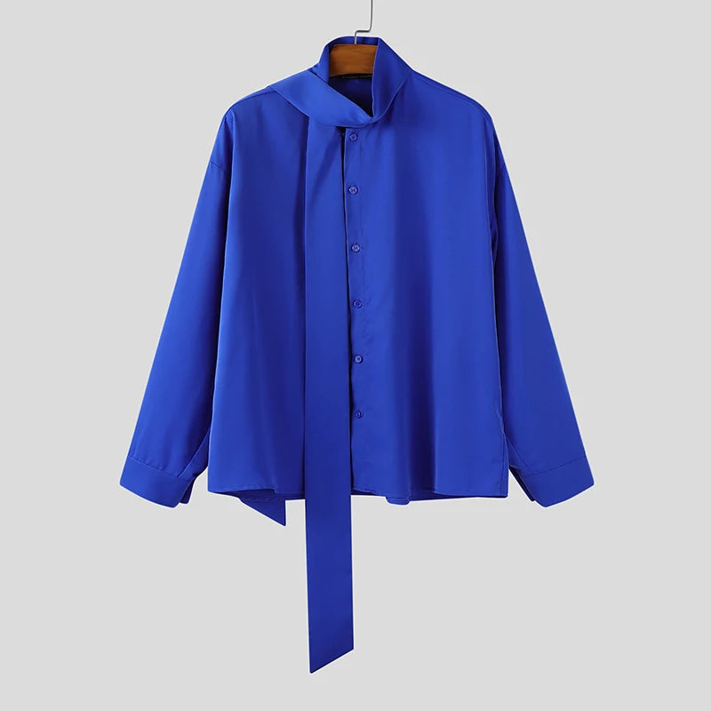 Fashion Men Shirt Solid Color Stand Collar Long Sleeve Male Shirt With Belt Streetwear 2025 Oversize Casual Men Clothing voguable