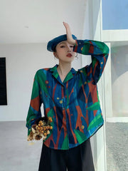 Vintage Print Women Elegant Shirt Long Sleeve Casual Design Korean Vintage Blouse Fall Loose Painting All Match Female Ins Tops voguable
