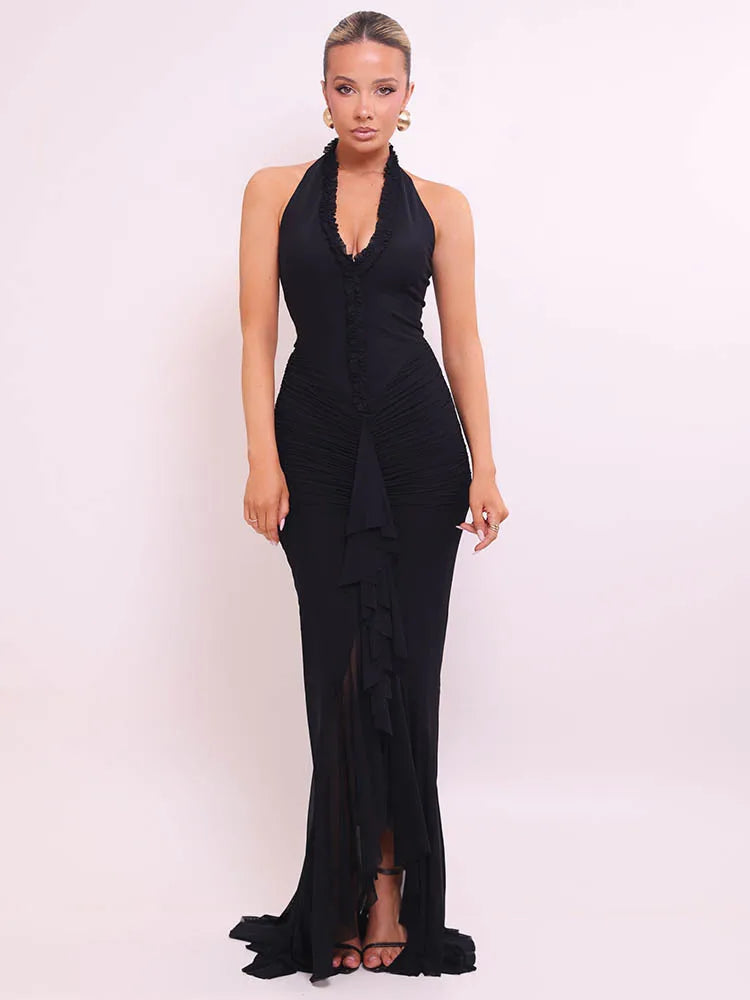 Halter V Neck Backless Sexy Maxi Dress Women Gown Fashion Sleeveless Draped Ruched Ruffle Club Party Long Dress Elegant voguable