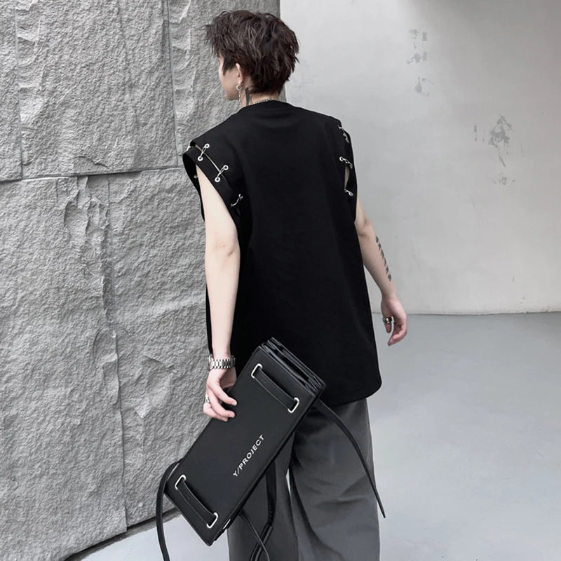 Voguable Stylish High Street Original Sleeveless T-shirts Men's 2024 Summer New Trendy Metal Buckle Decorate Male Vets Tops voguable