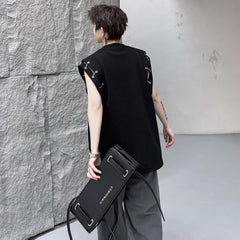Voguable Stylish High Street Original Sleeveless T-shirts Men's 2024 Summer New Trendy Metal Buckle Decorate Male Vets Tops voguable
