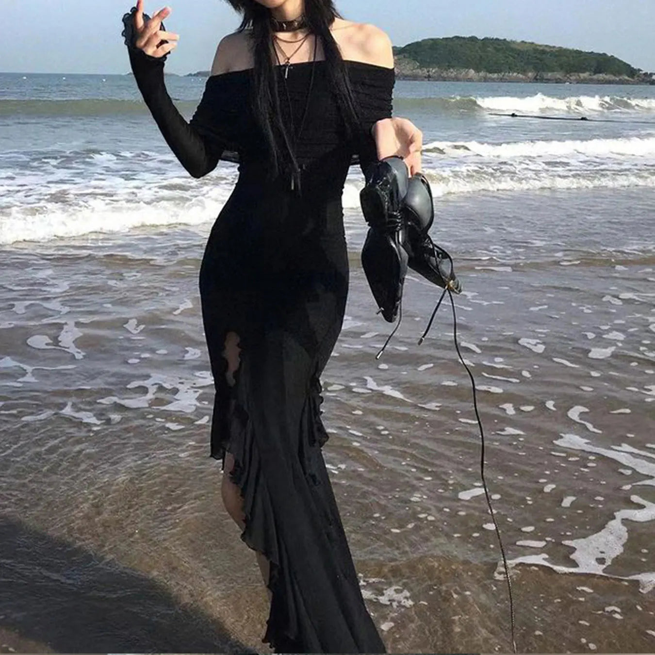French Elegant Women Off Shoulder Midi Dress Y2K Black Gothic Irregular Split Long Sleeve Dress Ladies Beach Slim Party Vestidos voguable