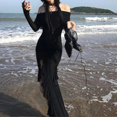 French Elegant Women Off Shoulder Midi Dress Y2K Black Gothic Irregular Split Long Sleeve Dress Ladies Beach Slim Party Vestidos voguable