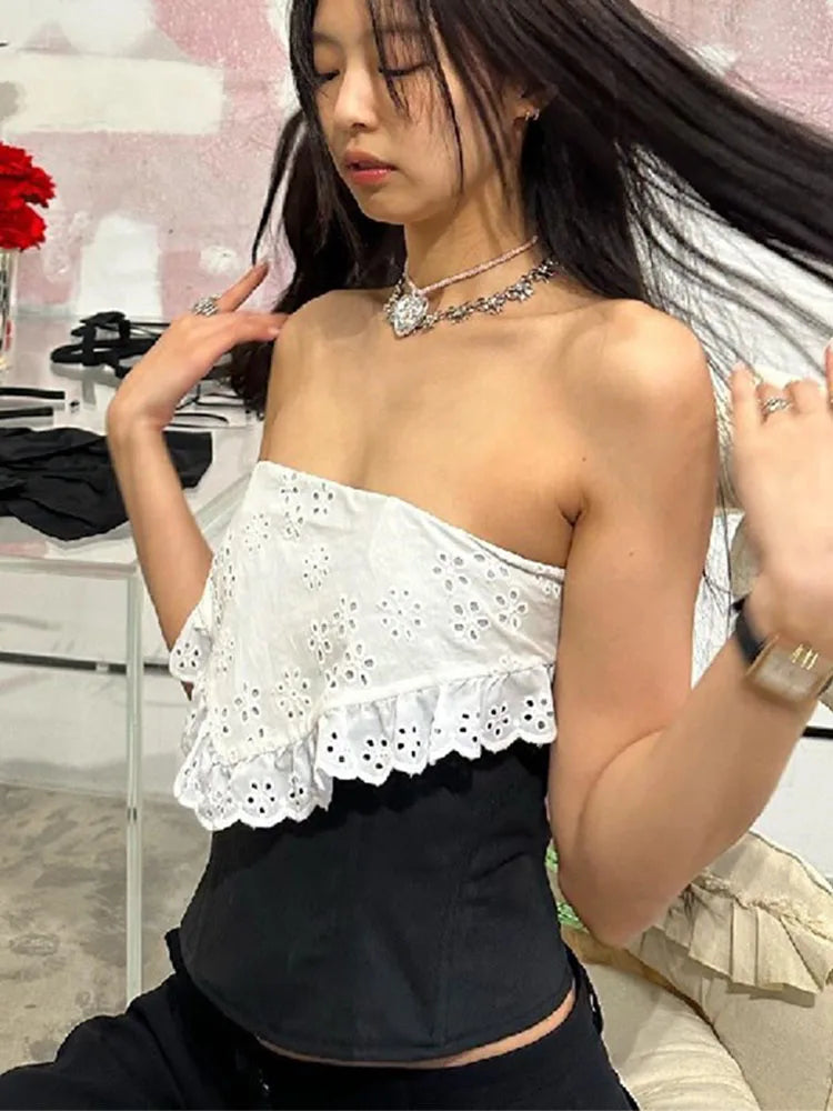 TARUXY Splice Lace Crop Tops Women Bodycon Sexy Off the shoulders Sleeveless Tank Top Women's Club Slim Hollow Out Clothing 2023 voguable