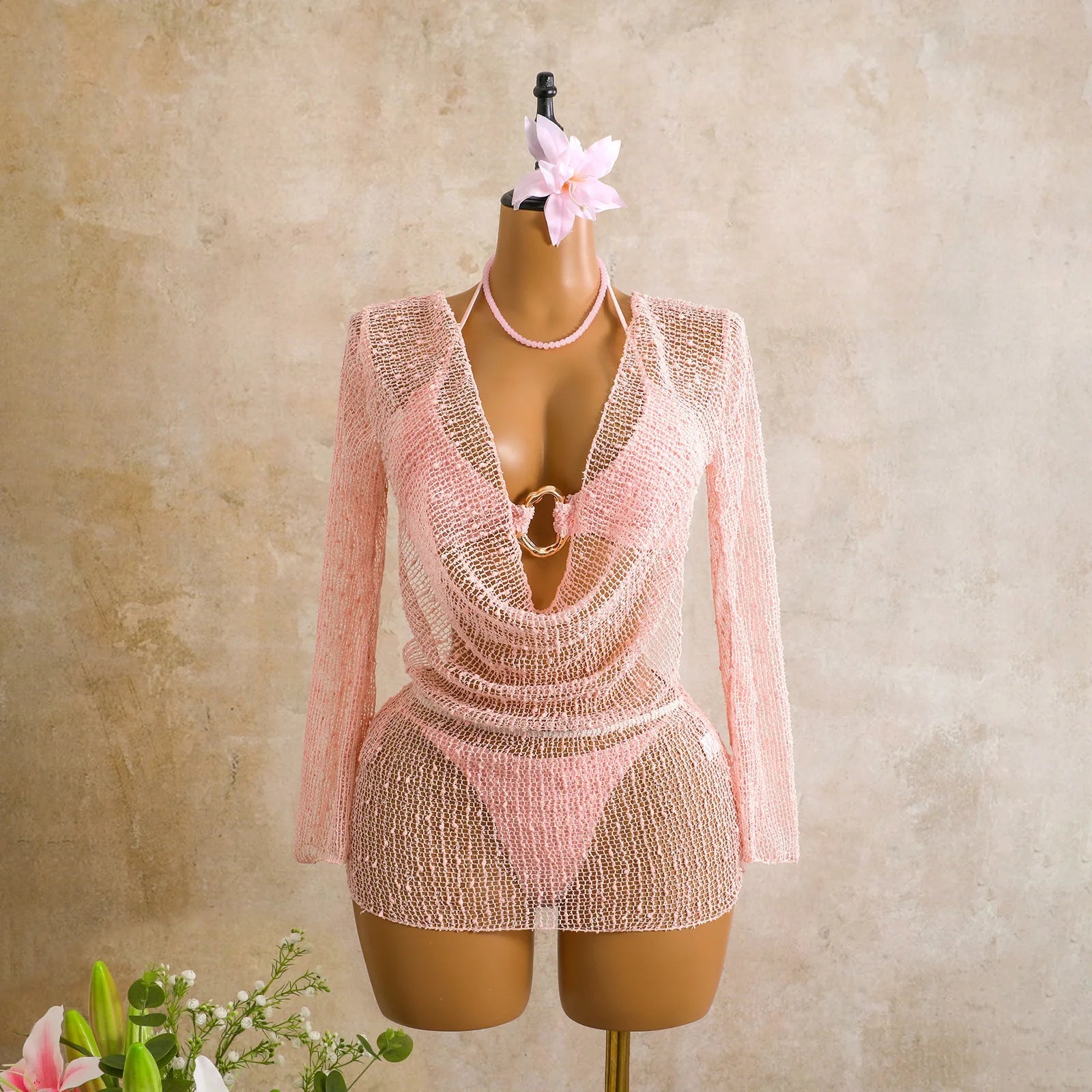 Voguable  Women's 3 Piece Swimsuit Set Ring Linked Halter Bikini with Sheer Mesh Cover Up Dress Long Sleeve Beach Outfit Swimwear voguable