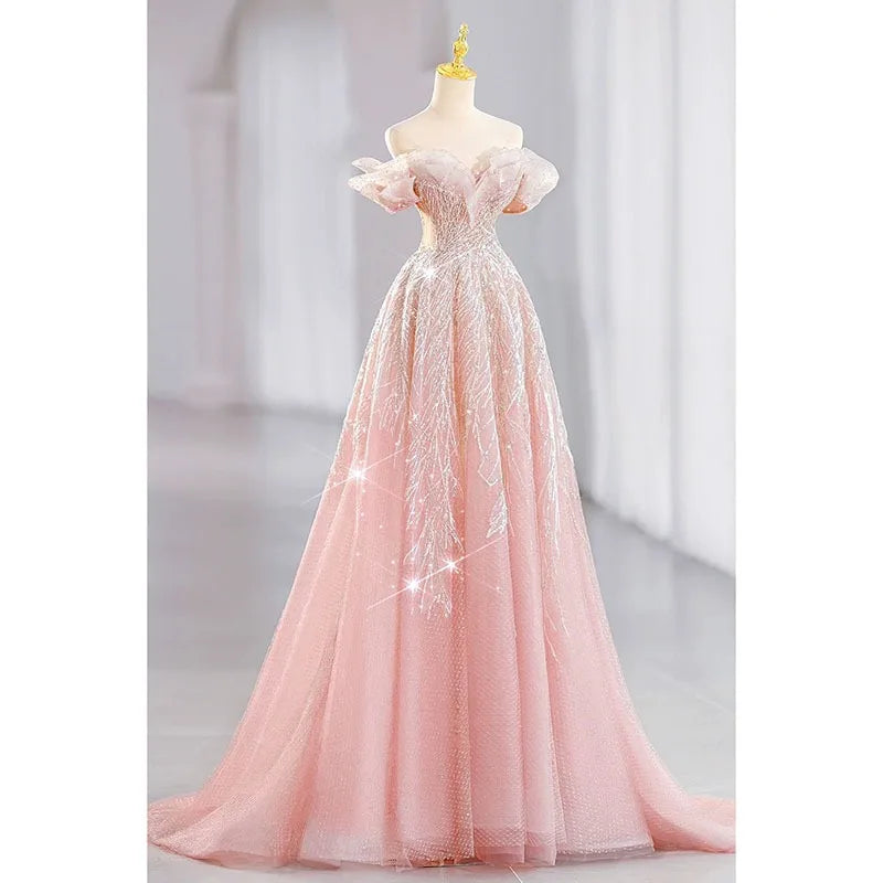 Voguable  New Dream Pink Princess Evening Dress The Bride Is Long and Slim Paillette Sexy Formal Dress Women Elegant Evening Dresses voguable