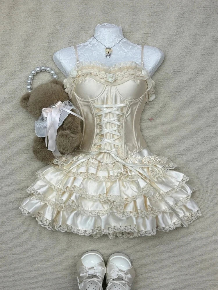 Sweet Harajuku Lolita Princess Skirt Suits Japanese Design Sense Women Bow Tank Tops Mini Cake Skirts Lace Hot Chick 2 Piece Set voguable