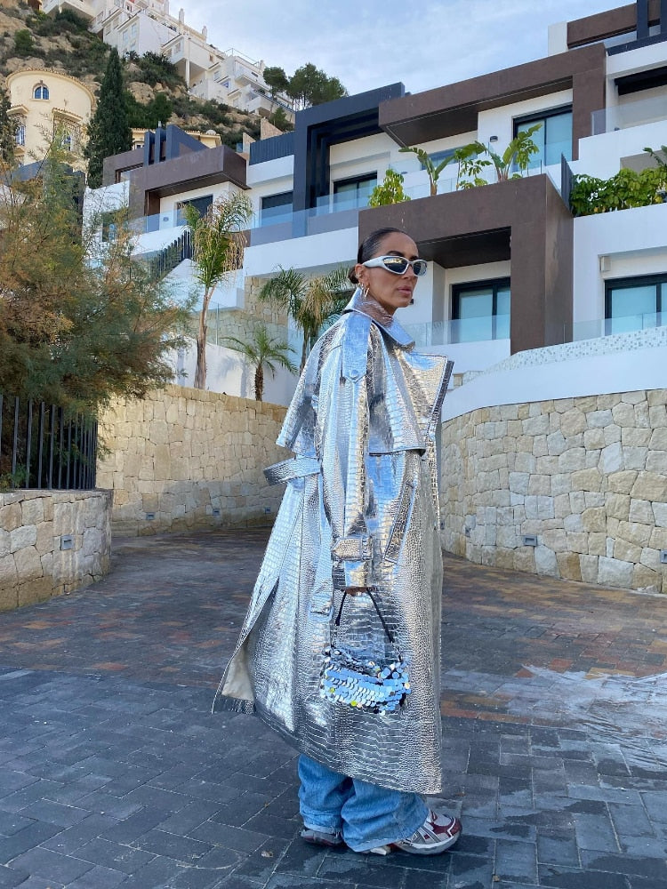 Long Silver Snake Skin Trench Coats Women Fashion Slim Belt On Waist Fake Leather Jackets For Women Winter Autumn Coats voguable