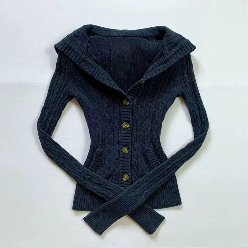 American Navy Blue Knitted Hooded Cardigan Y2K Fashion Slim Casual Buttons Sweater Jacket Female Long Sleeve All-Match Sweaters voguable