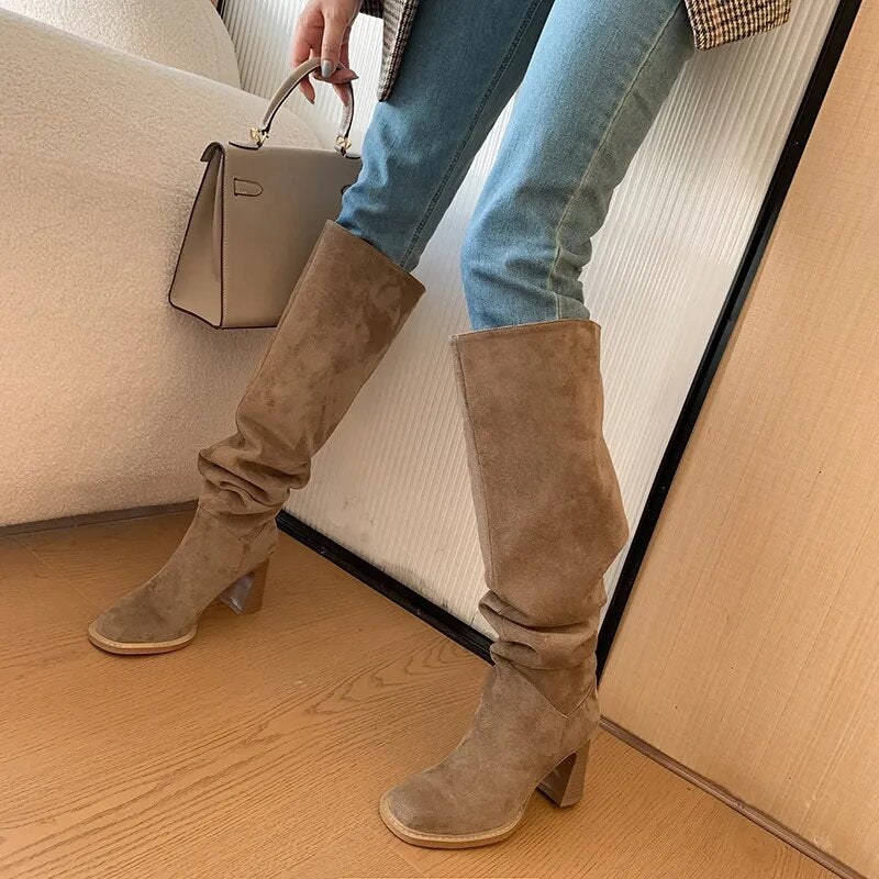 Suede Daily Botas Round Toe Autumn Winter Woman Boots Cowgirls Western Boots Woman Slip on Simple Pleated Knee-High Shoes voguable