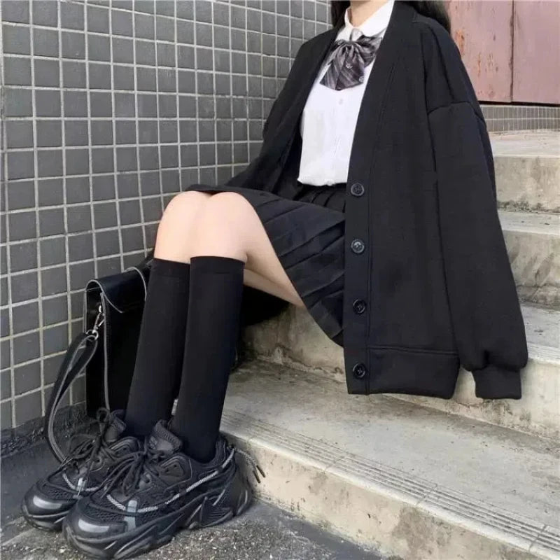 Japanese Preppy Style Autumn Winter New Coats Women V-Neck Solid Pockets Button Fashion Preppy Style Loose Cardigan Jackets voguable