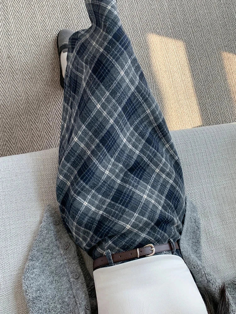Faux Woolen Plaid Long Skirt Women Vintage Slim High Waist Back Slit Belt Skirts Korean Fall Winter Elegant Long Skirts New voguable