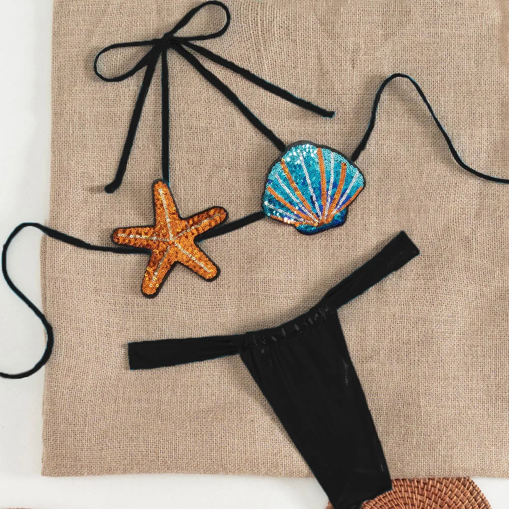 Voguable  Shiny Sequin Shell Starfish Bikini Set Women Sexy Push Up Pleate Thong Swimsuit Brazilian Beach Bathing Suit Micro Swimwear voguable