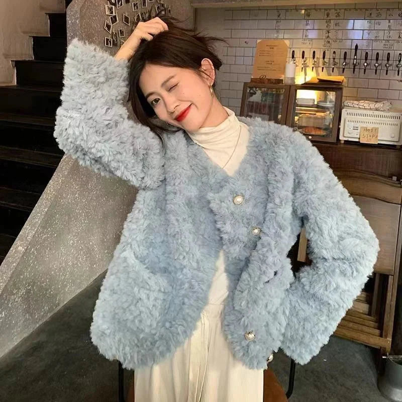 Women Sweet Cute Faux Lamb Coat Winter Warm Thick Slim Long Sleeve Vintage Jacket Korean O Neck Elegant Pearls Buttons Tops New voguable