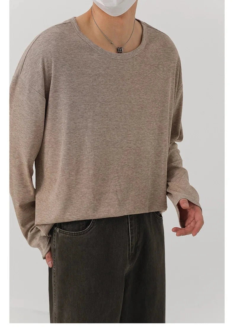 Korean Fashion Men T-shirt Luxury Knitted Solid Color Scoop Neck Long Sleeve Tees Casual Premium Quality Textured Knitwear M-3XL voguable