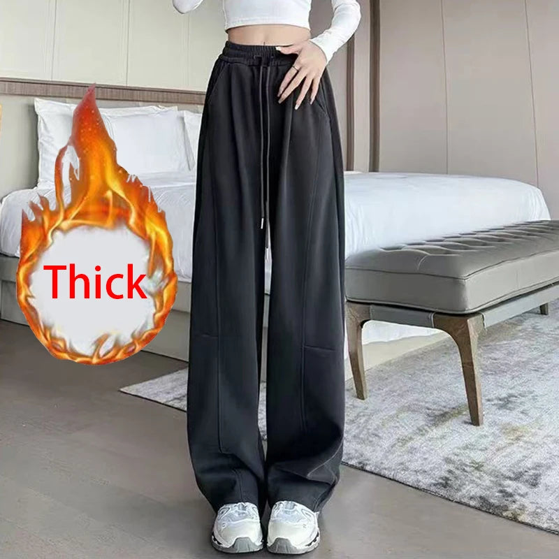 Drawstring Wide Leg Sports Pants Women Autumn Winter Thick Warm Casual Sweatpants Woman Elastic High Waist All Match Trousers voguable