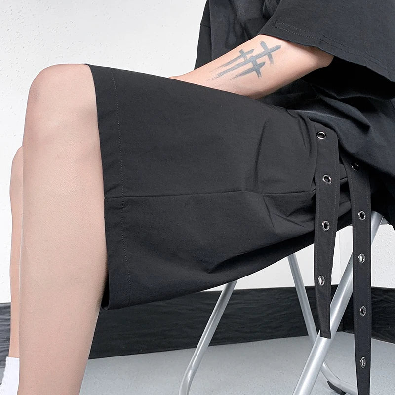 Voguable Personality Trendy Ribbon Splicing Design Straight Shorts Solid Color Men's Street Five-point Pants voguable