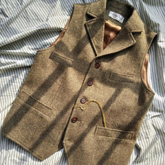 Autumn Winter Men's British Waistcoat Retro Herringbone Slim Tweed Suit Vest Heavy Button Jacket Men Aesthetic Sleeveless Coat voguable