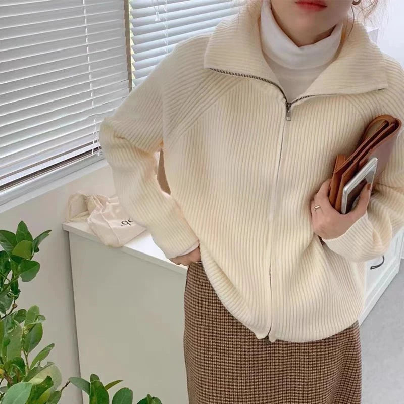 Rib Knit Zip Up Cardigan for Women Zipper Front Raglan Long Sleeve Sweater Jacket Coat Comfy Knitwear Fall Winter Vintage Outfit voguable