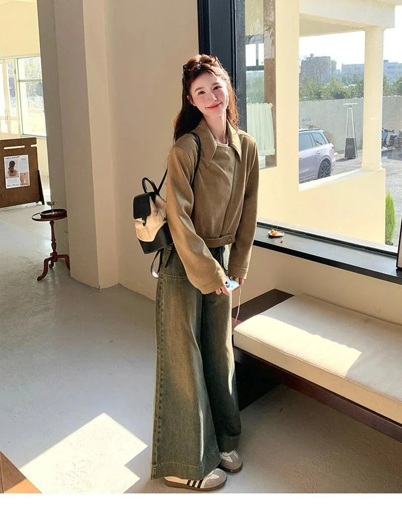 Retro Biker Faux Suede Jacket Women Fall Casual Long Sleeve Slim Short Coat Streetwear American Hip Hop Harajuku Tops New voguable