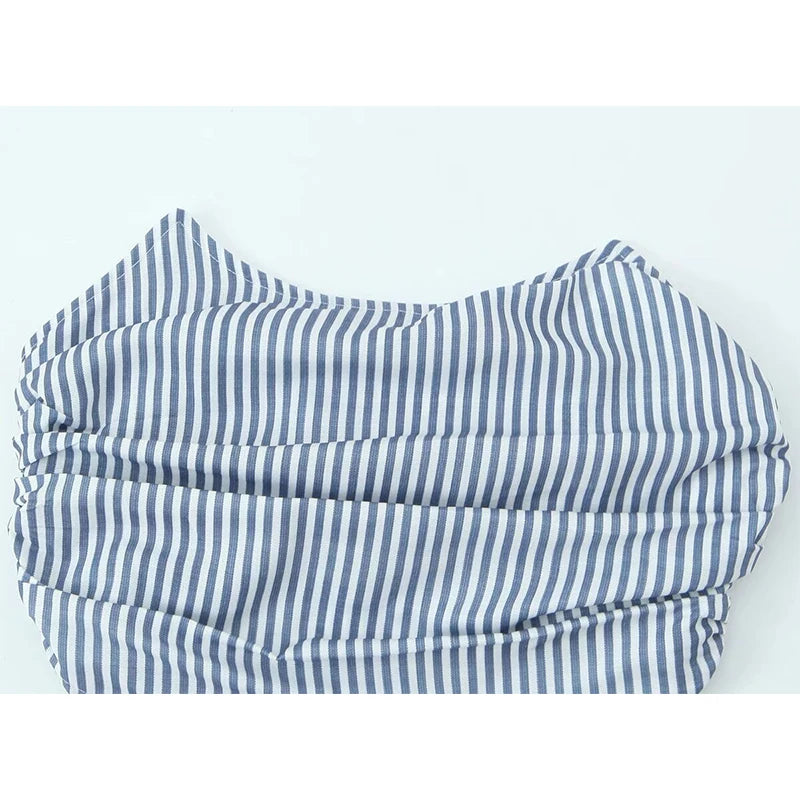 Voguable  American Retro Striped Strapless Tops Sexy Women Back Zipper Pleats Holiday Summer Crop Top voguable