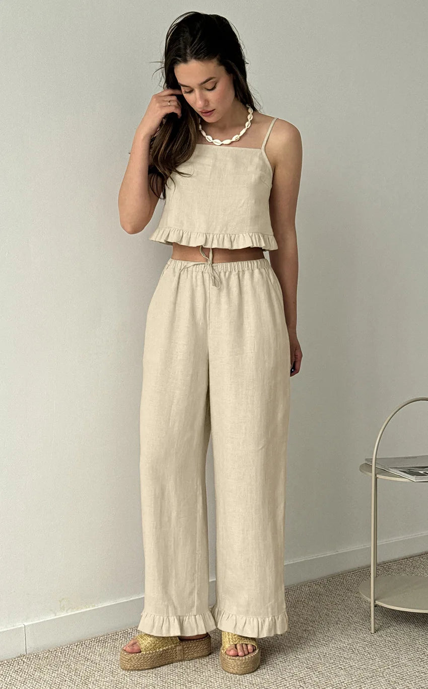 100% Cotton Ruffle Camisole And Loose Long Trouser Two Piece Set 2025 New Casual Summer Women Sets Homewear Sleepwear Pajamas voguable