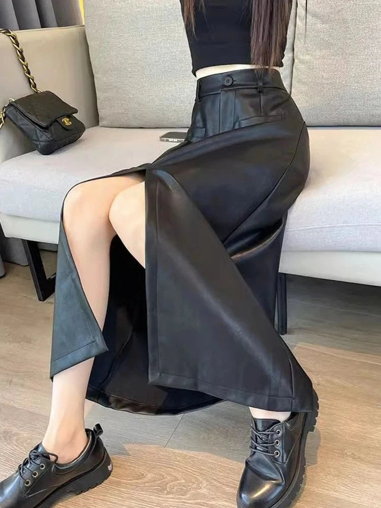 Sexy Slit Pu Long Skirt Women High Waist Slim Vintage Skirts Casual Fall Winter Lady Solid Retro American Streetwear Long Skirt voguable