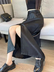 Sexy Slit Pu Long Skirt Women High Waist Slim Vintage Skirts Casual Fall Winter Lady Solid Retro American Streetwear Long Skirt voguable
