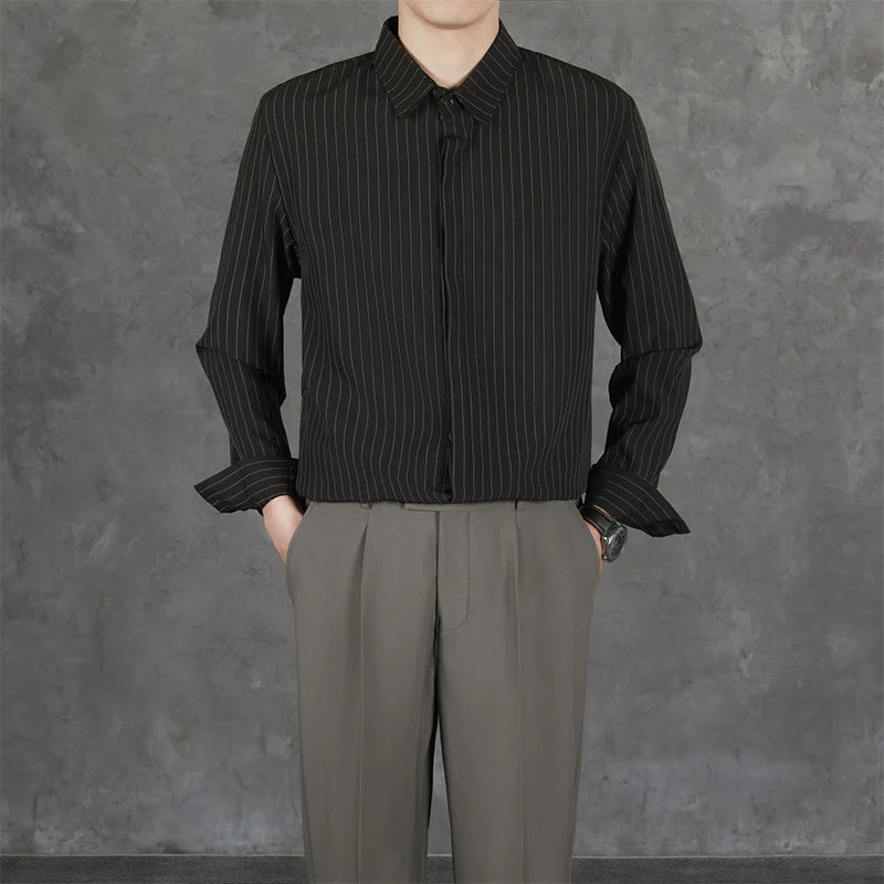 New Naples Business Men Shirts Light Luxury Textured Lapel Striped Long Sleeve Cardigan Leisure Premium Commuter Blouse S-4XL voguable