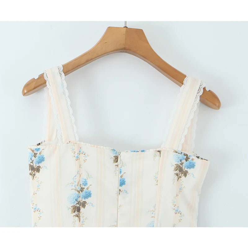 New Fashion Women Floral Print A-line Midi Elegant Party Dresses Sexy Wide Straps Lace Spliced Holiday Summer Dress voguable