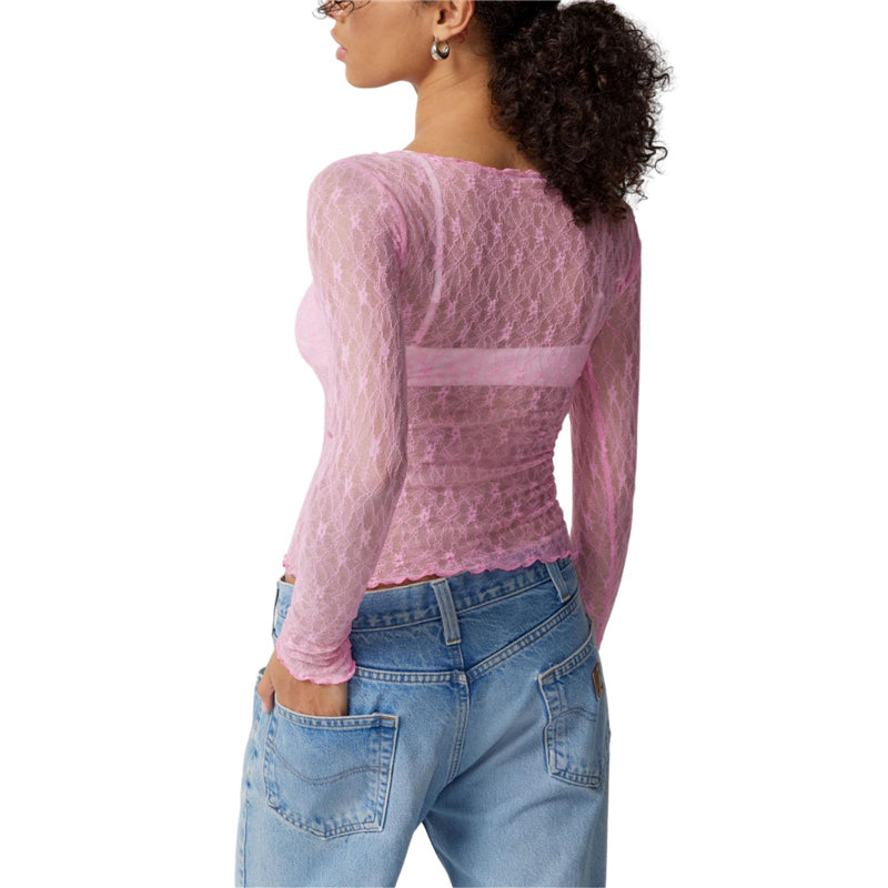 Lace Tops for Women y2k Clothes Sheer See Through Round Neck Long Sleeve Ruched T Shirt 2000s Clothing Party Clubwear voguable