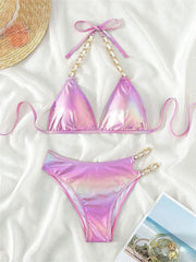 Voguable Push Up Bikini Micro Bikinis Set Pink Gradient Metal Strap Swimsuit Women Sexy Cut Out Bathing Suit High Waist Swimwear voguable