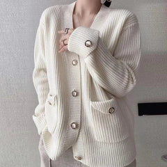 Voguable  Fashion Autumn Winter Button Solid Color Knitted Sweater Women Long Sleeve Cardigan  Loose Elegant Korean Clothing voguable