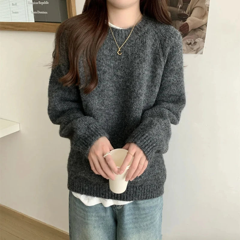 Casual Autumn Winter New Women Sweater Korean Fashion Lazy Wind Solid O-Neck Loose Long Sleeve Pullovers Knitted Tops voguable