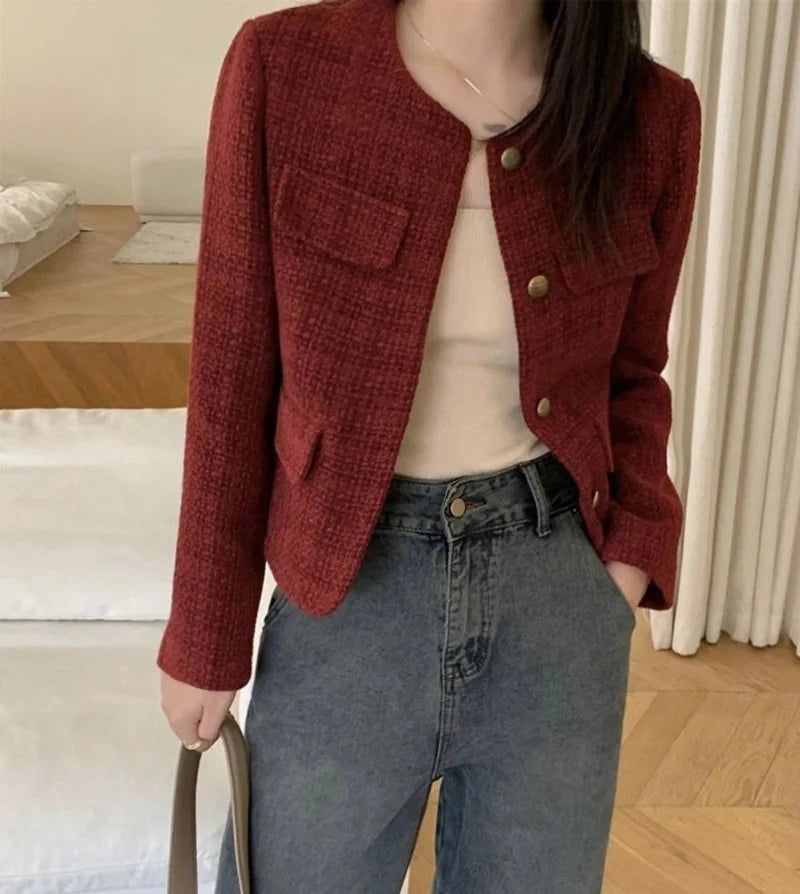 Zoki Women Slim Vintage Jacket Fall Winter Long Sleeve Sweet Elegant Coat French Casual Female O Neck Single Breasted Retro Tops voguable