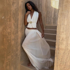 3Pcs White Swimsuit Women Sexy Swimwear Female Halter Bikini Push Up Biquini Long Skirt Deep V Bathingsuit Bodysuit Beachwear voguable