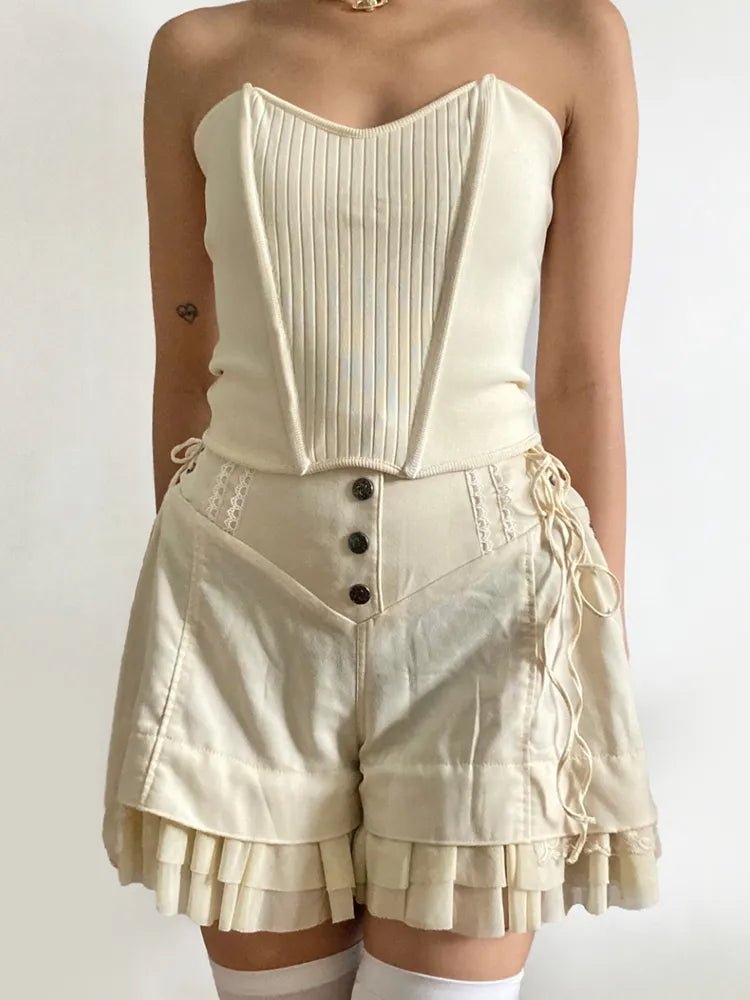 Rockmore Mesh Patchwork Hot Sweet Shorts Gentle Cute High Waist Women Y2K Coquette Aesthetic Summer Casual Mini Short Pants voguable