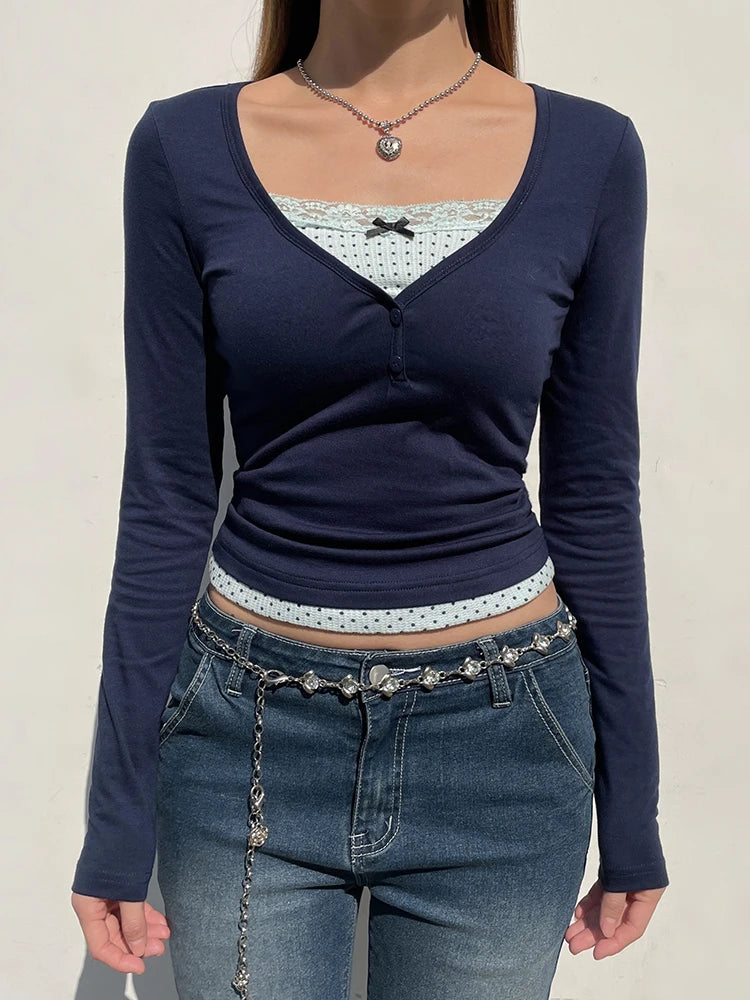 Voguable  Polka Dot Printed Lace Patchwork Fake Two-piece Top y2k Coquette Long Sleeve T-shirt Harajuku Pullover Cute Tees Casual voguable