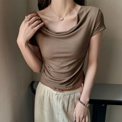 Summer Women's Cropped T Shirts Elegan Slash Neck Short Sleeve Tops Female Korean Slim Office Ladies Basic Tees New voguable
