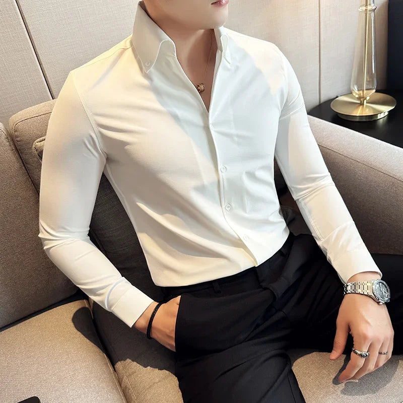 Men Dress Shirt 2024 Autumn Long Sleeve Camisas Business Fashion Shirt Male Solid British Style White Black Shirt Men Clothing voguable