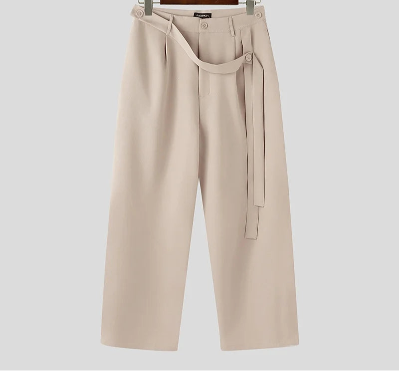 Summer Spring Men Casual Pants Solid Color Belt Wide Leg Pant Long Trousers Men's Clothing Streetwear Oversize S-5XL voguable
