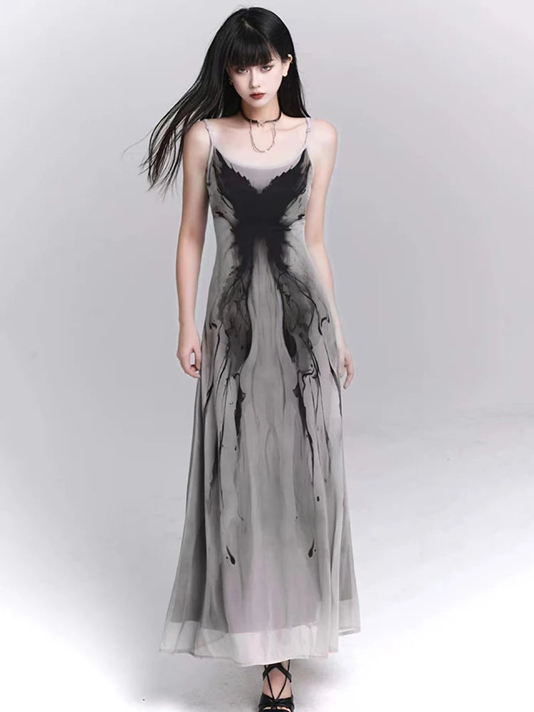 Retro Ink Butterfly Tie Dye Camis Dress Women Summer Slim Sleeveless Midi Dress Y2K Korean Sweet Mesh Spaghetti Straps Vestidos voguable