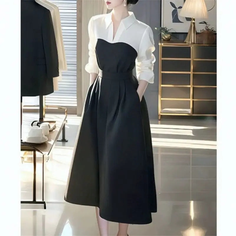 Voguable  Spring Autumn New Long-Sleeved Dress Women's Clothing French High-End Sense Medium-long Fashion Slim Stitching Dresses voguable