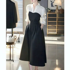 Voguable  Spring Autumn New Long-Sleeved Dress Women's Clothing French High-End Sense Medium-long Fashion Slim Stitching Dresses voguable